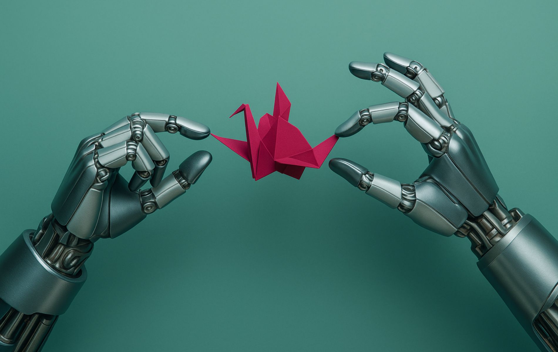 Zwei Roboterarme falten einen Origamischwan