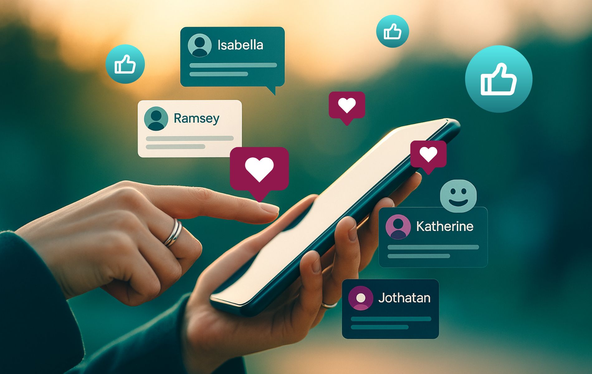 Hände halten ein Smartphone und es fliegen einzelne Icons als Reaction um den Bildschirm