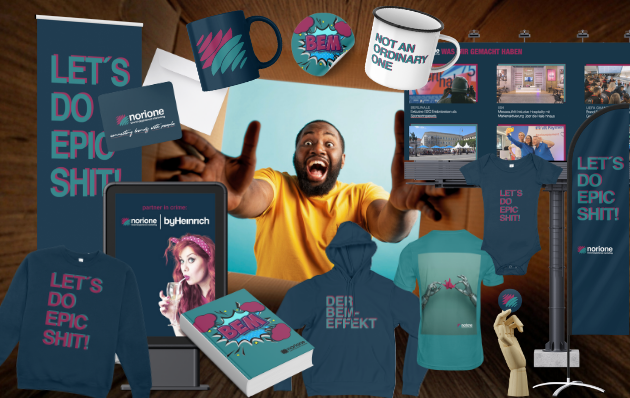 Bild mit allen möglichen Branding Option, wie Beachflags, Hoodies oder Tassen.